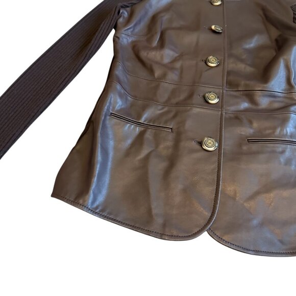 Karen Kane Lamb Leather Merino Wool Button Down Jacket Sweater Knit Size Medium - Picture 2 of 9